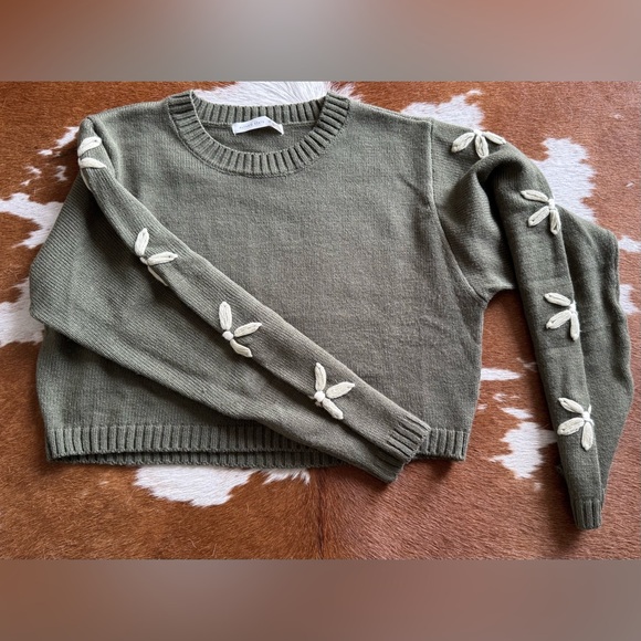 Altar'd State Sweaters - Altar'd State Olive Sweater with Cream Flower Sleeves